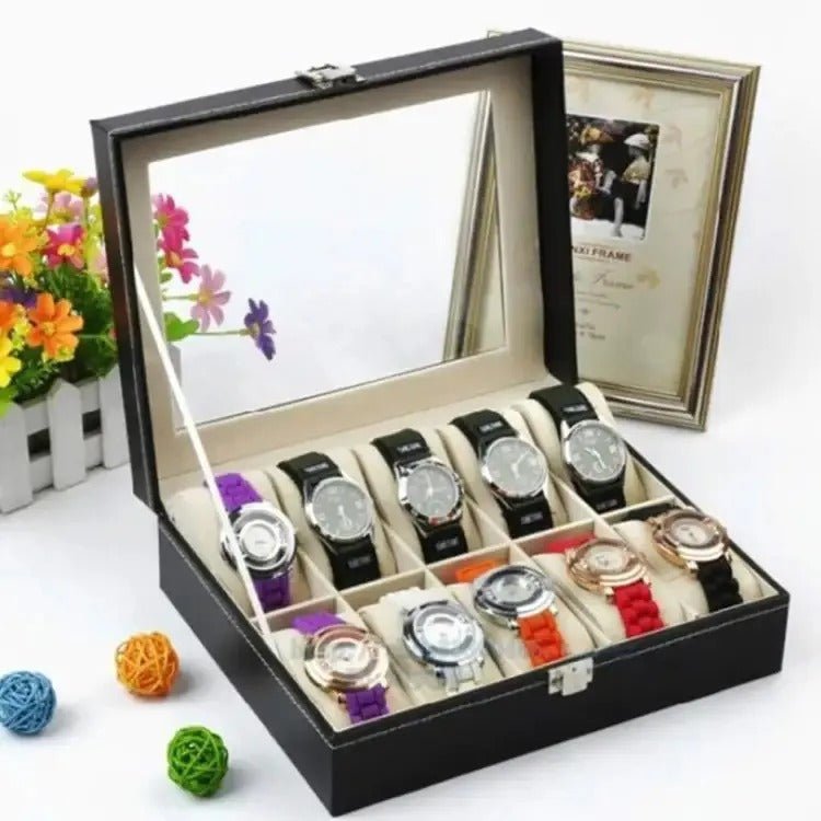 10 Grids PU Leather Watch Box – Quartz Watch Case & Organizer with Glass Display - Saadiq.pk