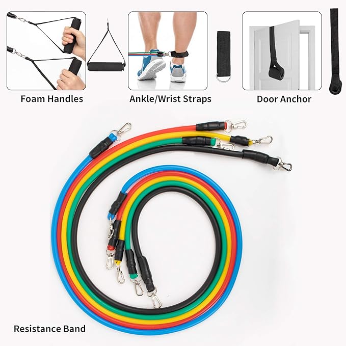 11 - Piece Resistance Band Set β Adjustable Full Body Workout Bands with Handles, Ankle Straps & Door Anchor - Saadiq.pk