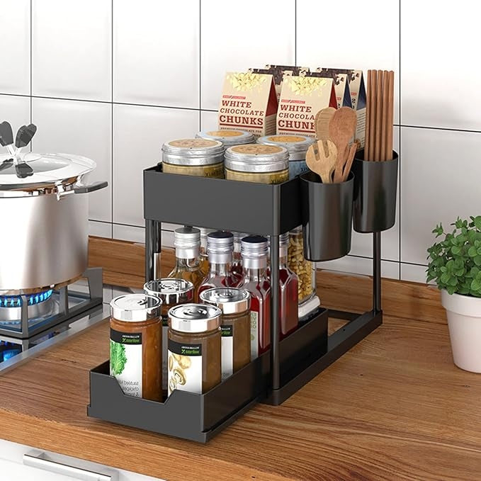 2-Tier Under Sink Organizer with Sliding Drawers & Hooks