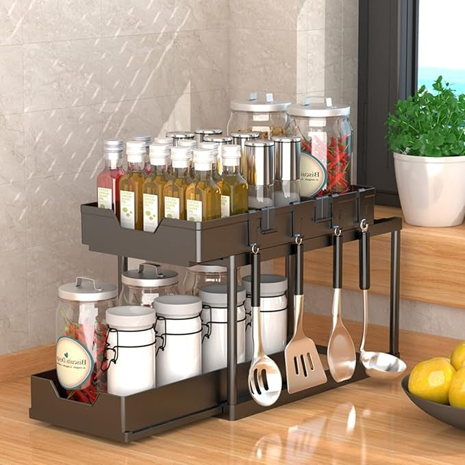2-Tier Under Sink Organizer with Sliding Drawers & Hooks