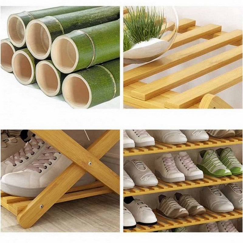 3 Tier Folding Bamboo Shoe Storage Racks Portable Storage Without Installation