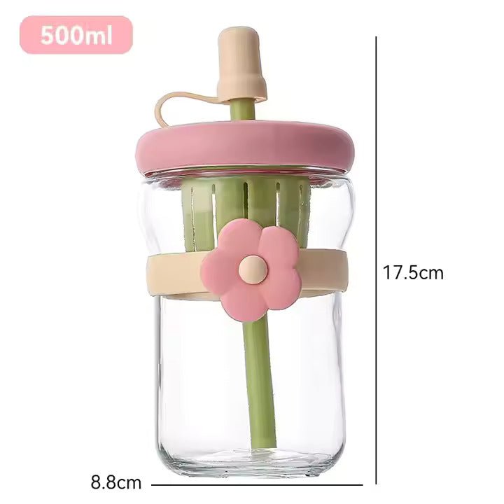 500ml Flower Design Glass Tumbler – Water & Tea Cup with Straw | Cute Office Drinking Bottle - Saadiq.pk