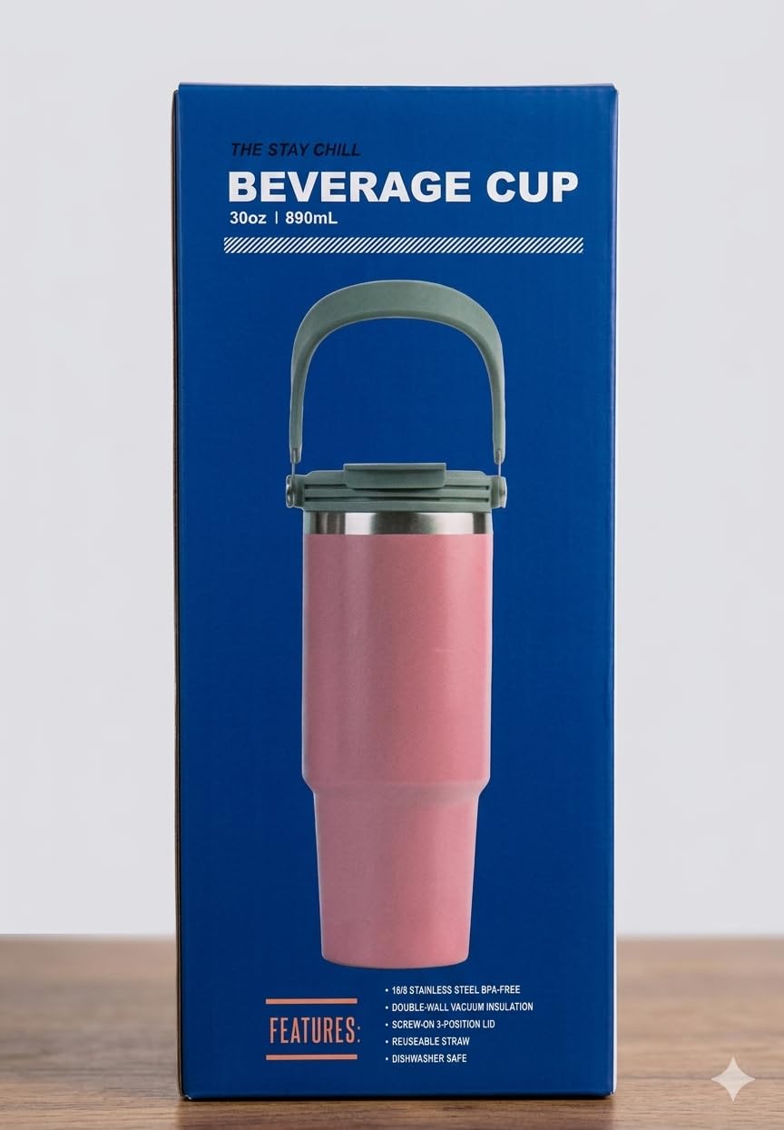 900ML Vacuum Insulated Stainless Steel Travel Tumbler with Straw Lid & Handle