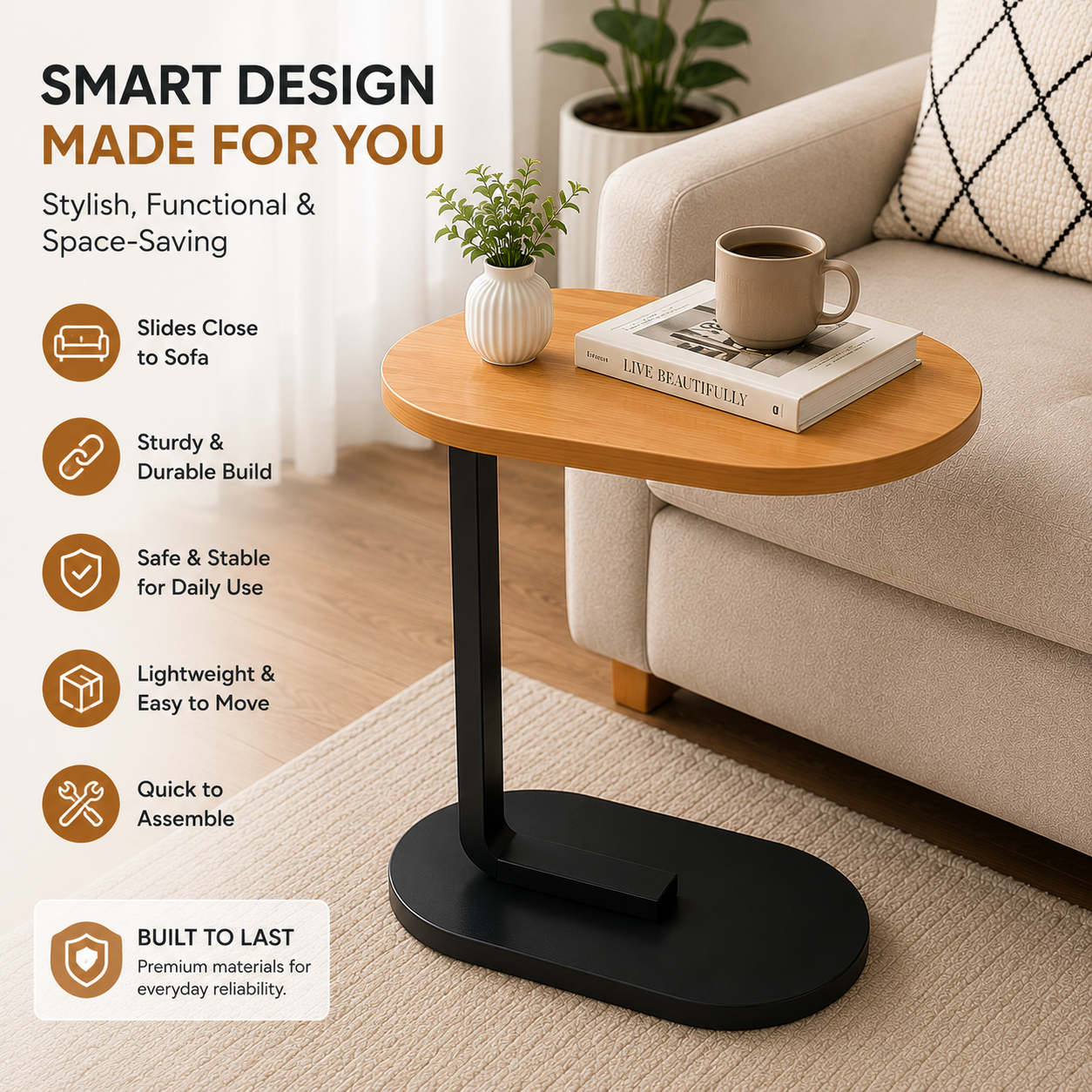 C-Shaped Sofa Side Table | C-Shaped Wooden Top Laptop & Bedside Table