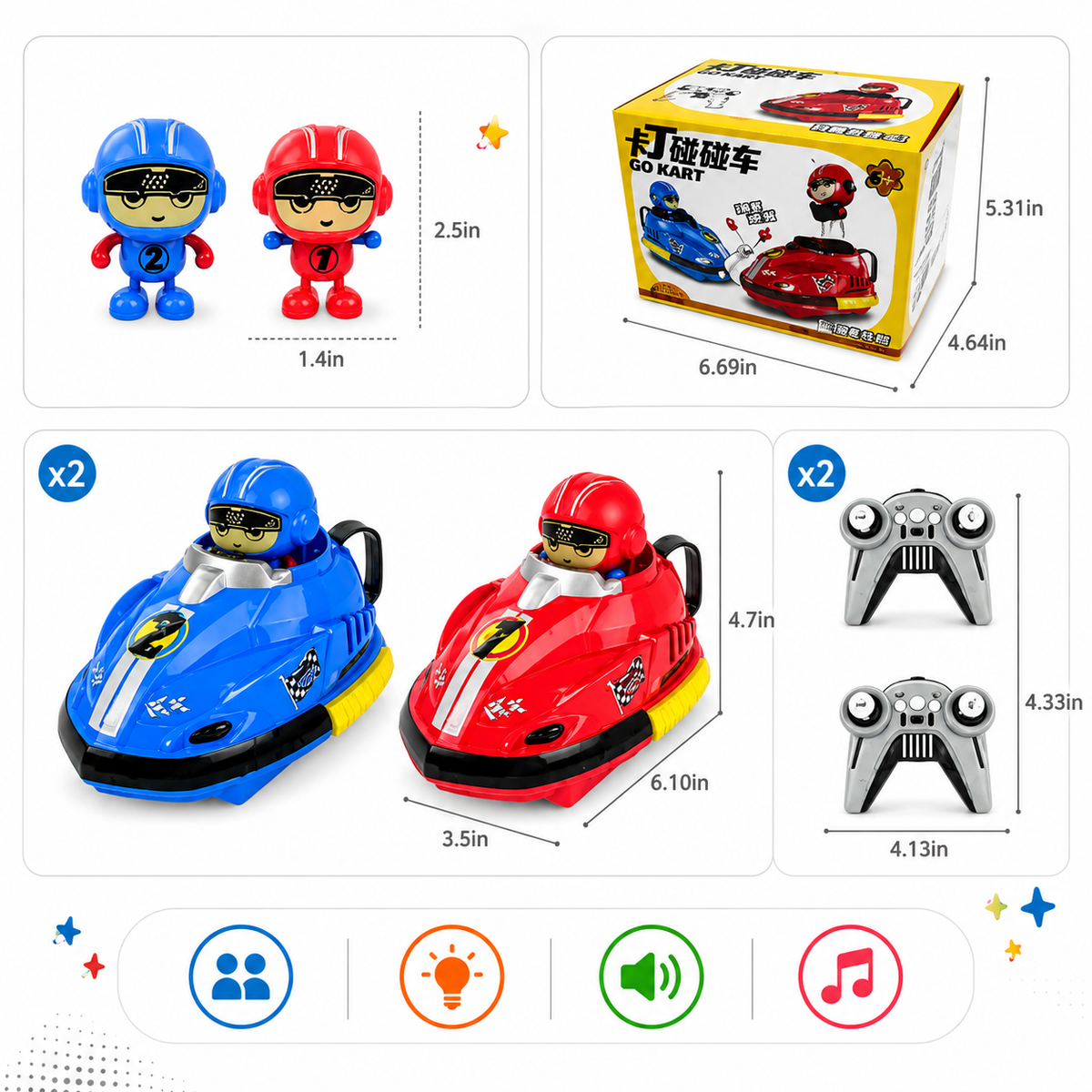 Multiplayer RC Bumper Cars for Kids – 2 Remote Control Cars with Pop-Up Drivers, Lights & Sounds