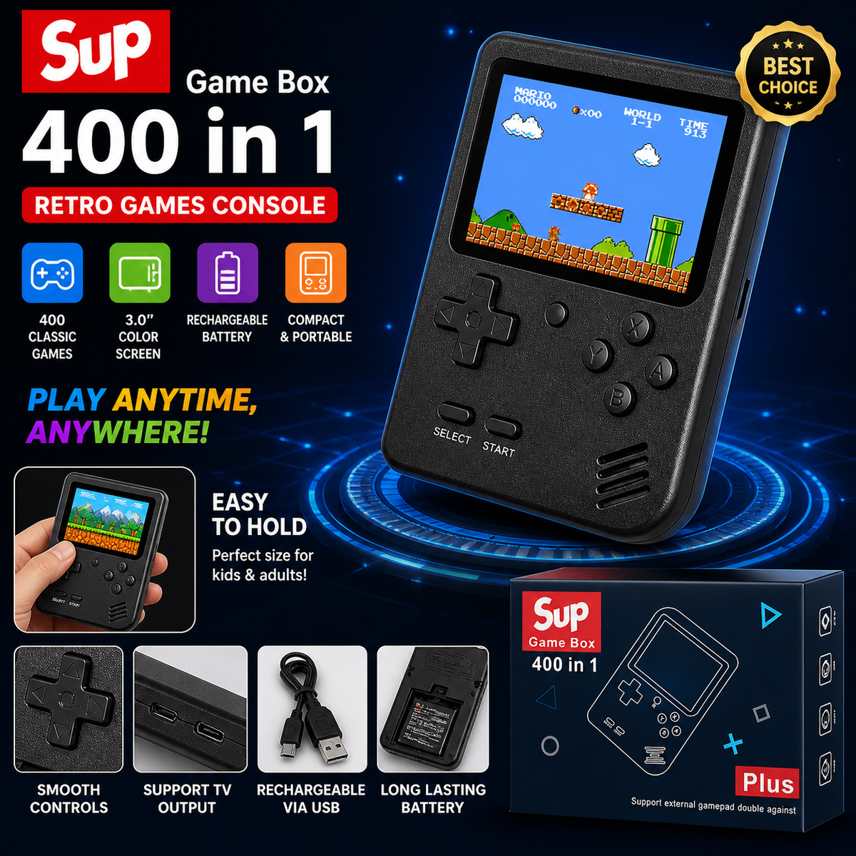 SUP Game Box 400 in 1 Retro Handheld Console – 3.0” Screen, Rechargeable Portable Gaming Device
