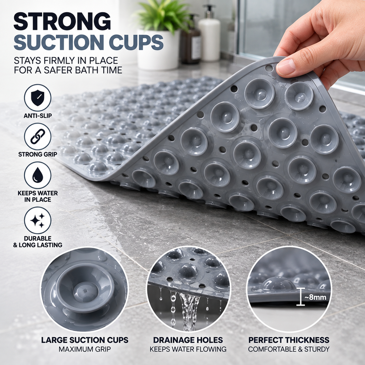Non-Slip Bath Mat with Suction Cups & Drainage Holes | Shower Floor Mat