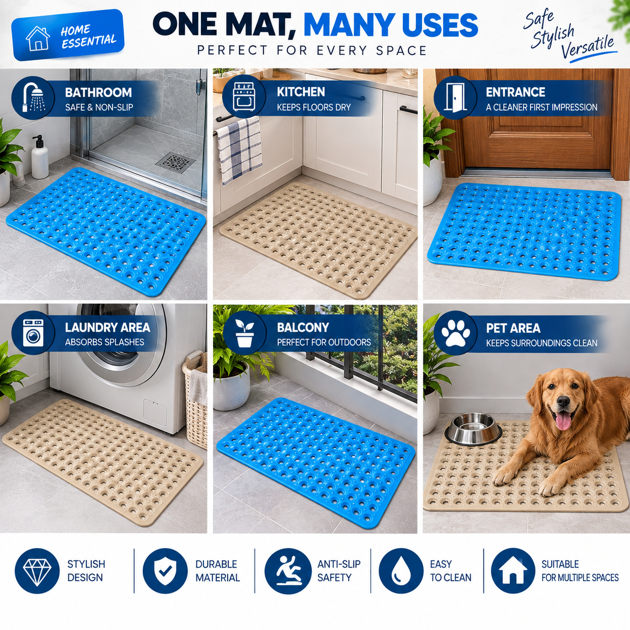 2PC Anti-Slip Bath Mat with Suction Cups | Drainage Shower & Bathroom Mat