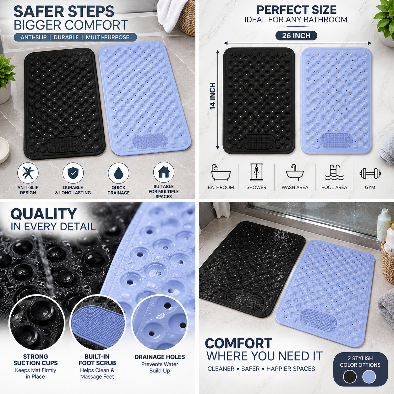 Anti-Slip Bath Mat with Suction Cups | Quick Drainage Shower Floor Mat