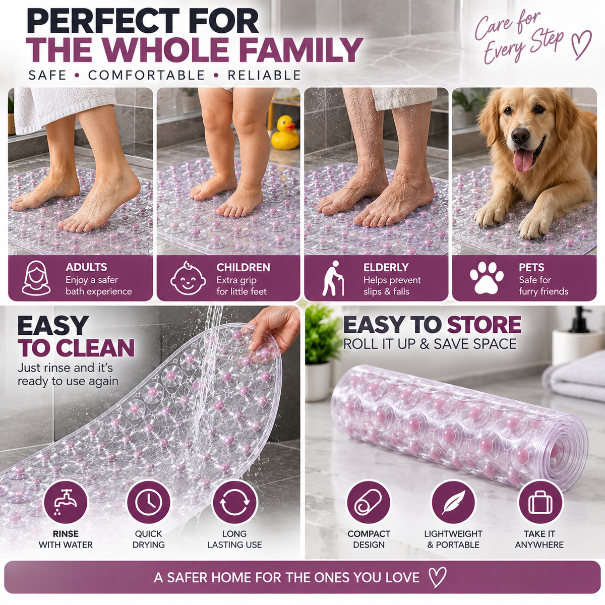 2PC Clear Anti-Slip Bath Mat with Suction Cups | Non-Slip Shower Floor Mat