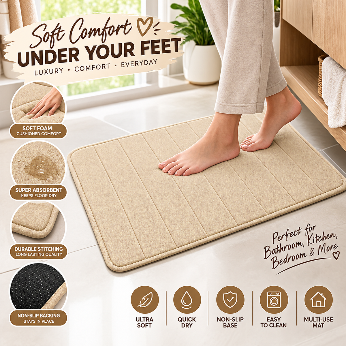 2PC Soft Foam Floor Mat Beige | Anti Slip Multi-Purpose Mat
