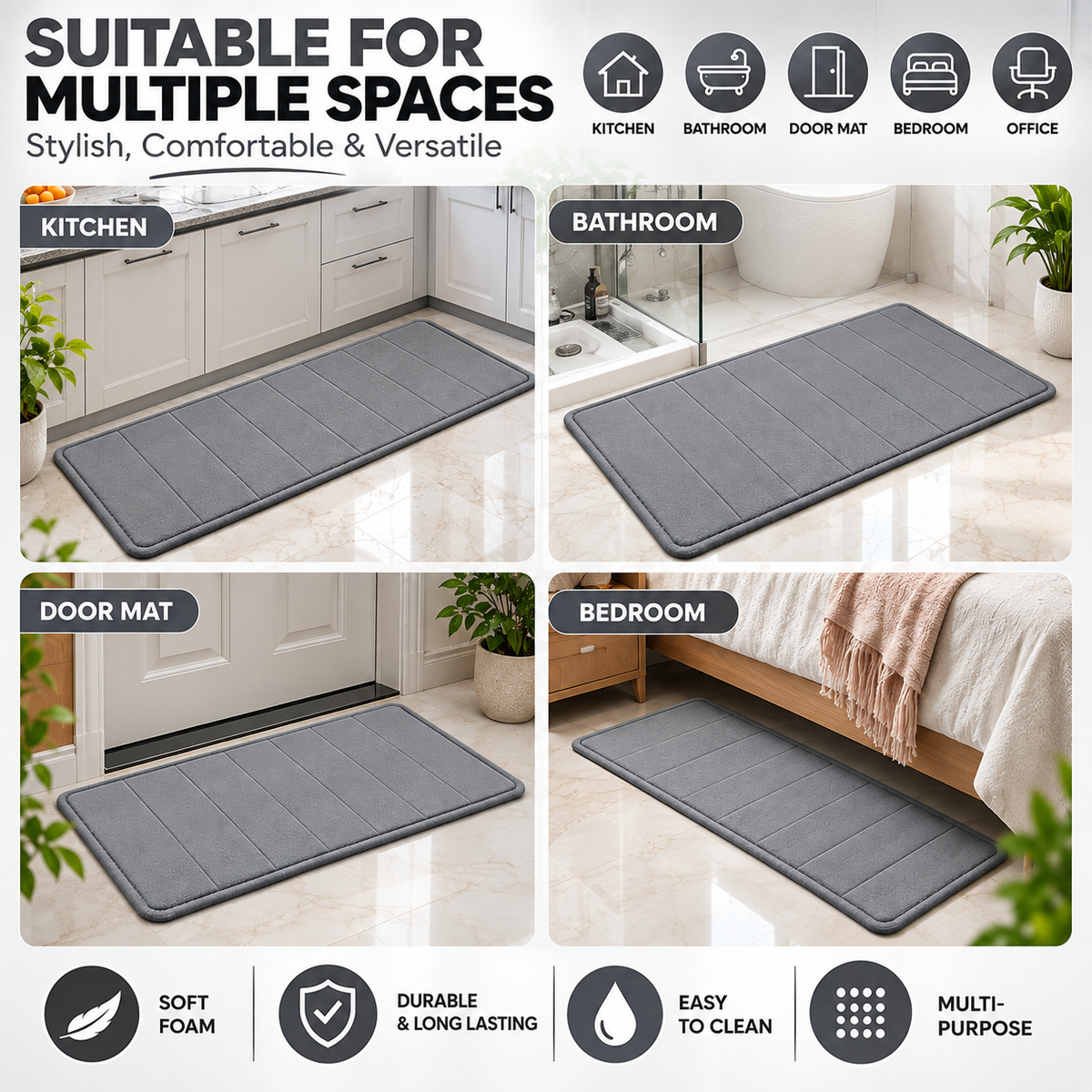 2PC Super Soft Foam Floor Mat Grey | Anti-Slip Multi-Purpose Mat