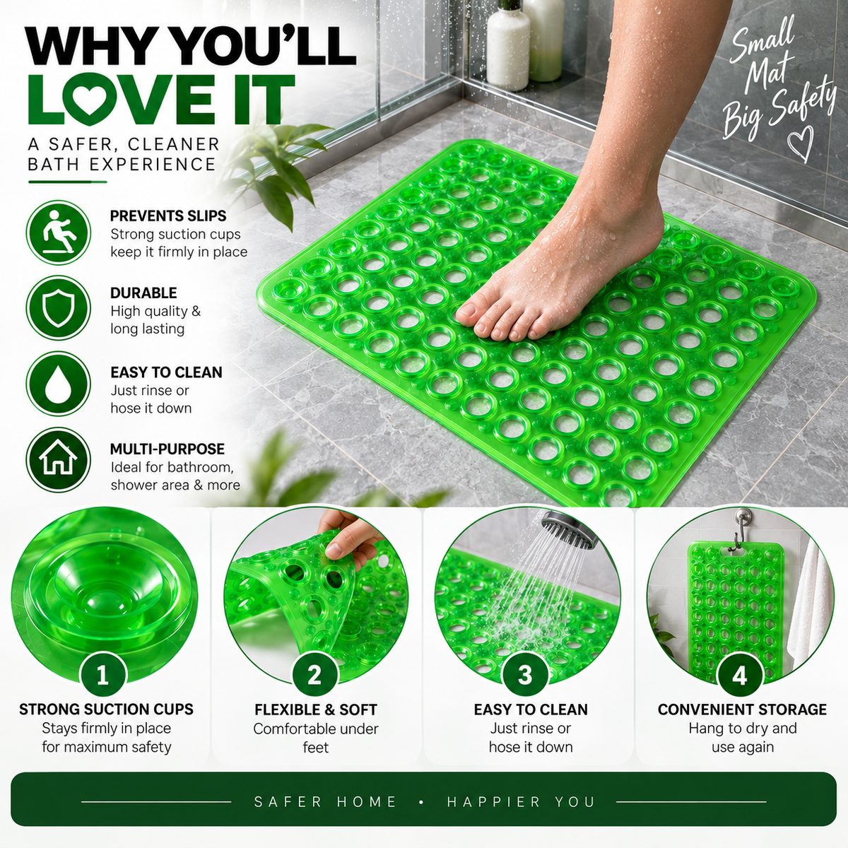 2PC Anti-Slip Bathroom Mat 24 × 15 Inch | Suction Cup Shower & Floor Mat