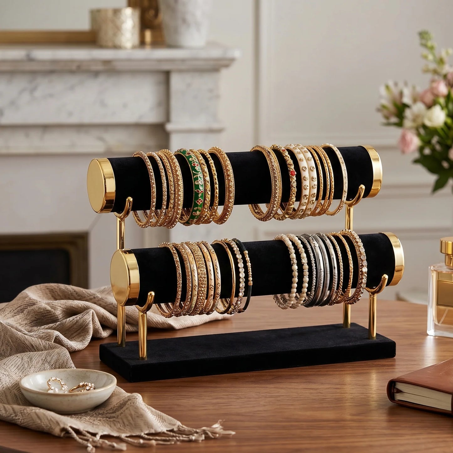 3-Tier Velvet Jewelry Organizer Stand with Wooden Base | Display Holder