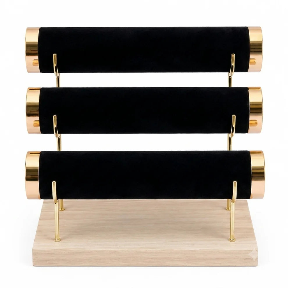 3-Tier Velvet Jewelry Organizer Stand with Wooden Base | Display Holder