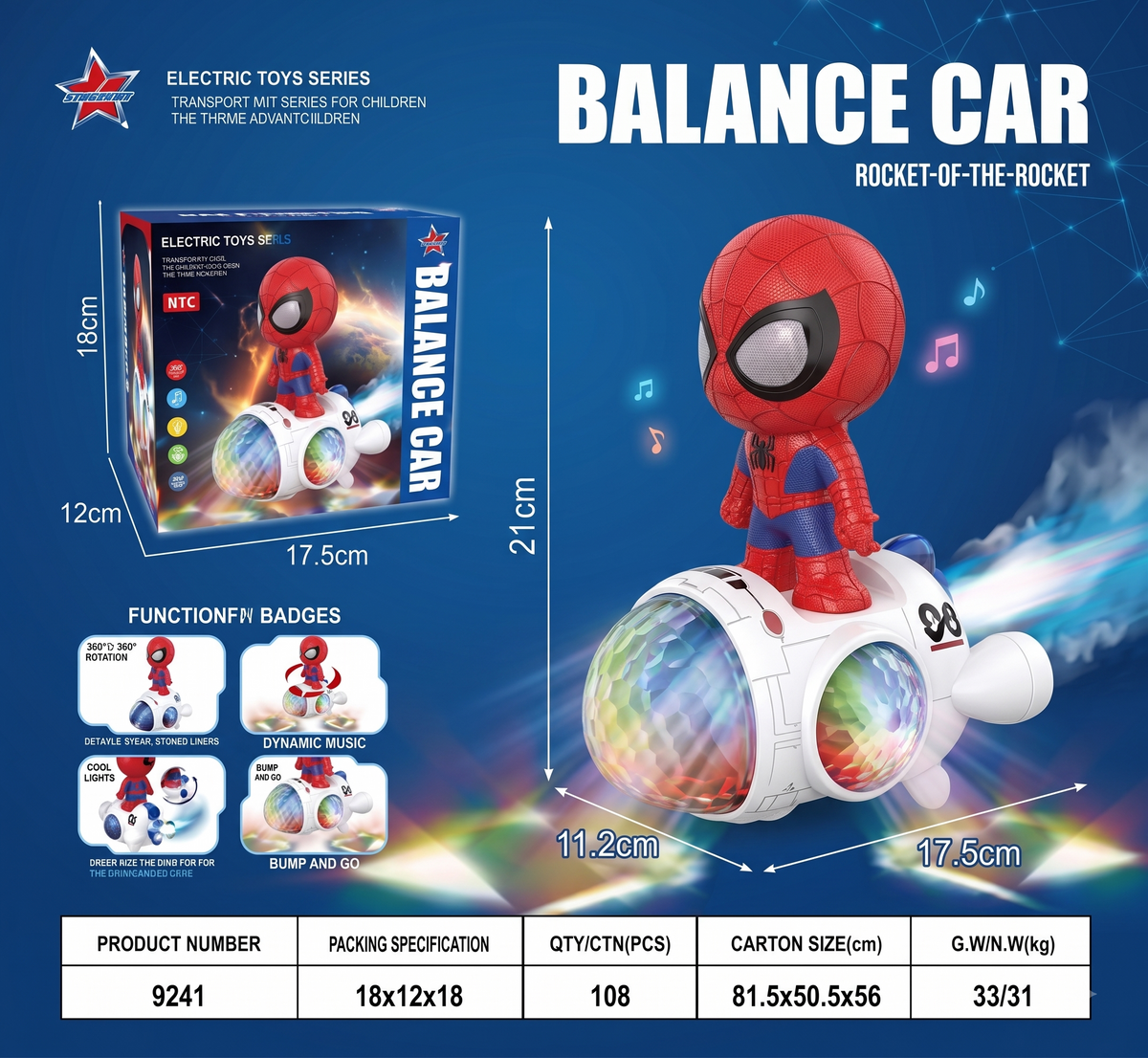 Spiderman Balance Car with Lights & Music | 360° Rotating Toy