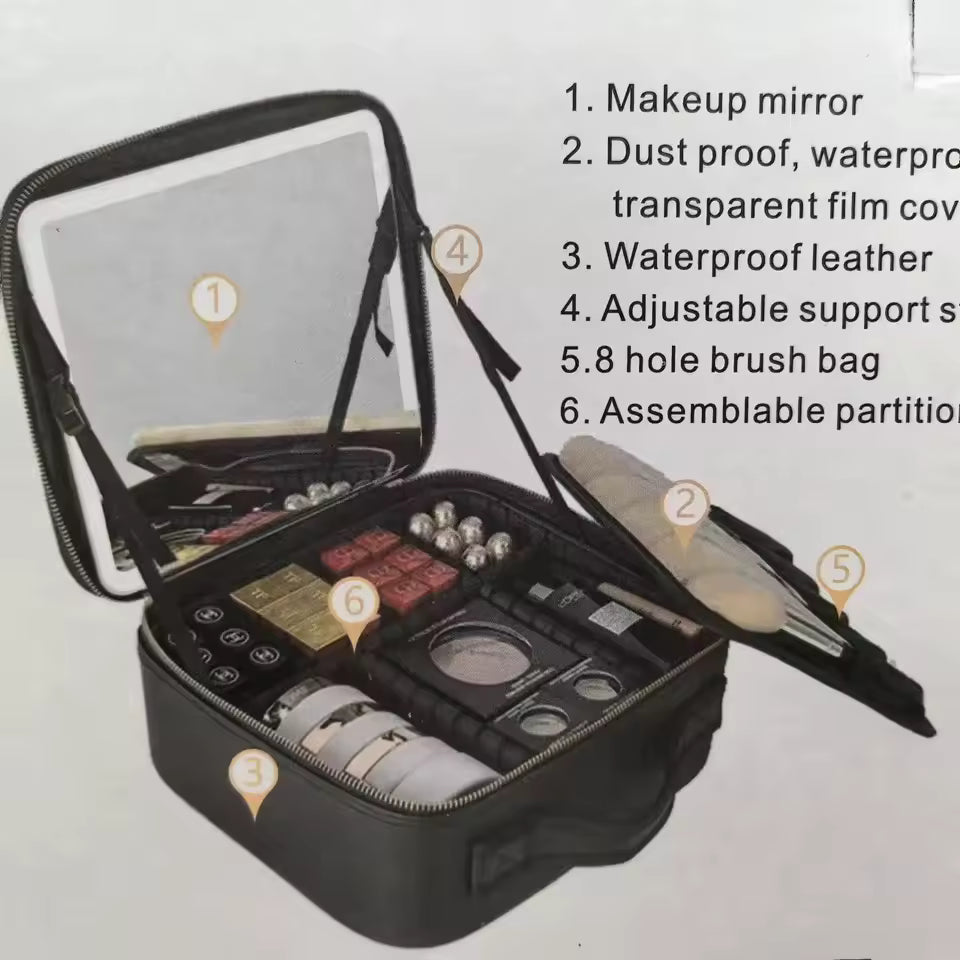 Large Capacity LED Makeup Bag with Mirror – Portable Cosmetic Organizer Case