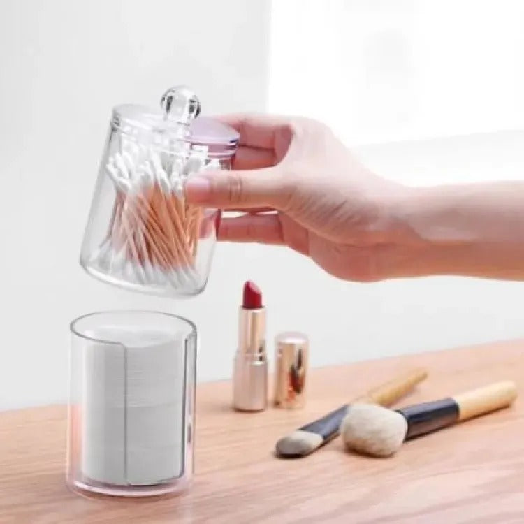 Two-Layer Acrylic Cotton & Pad Organizer – Transparent Makeup Storage Box with Lid