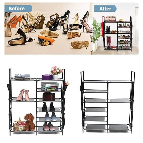 Double Row Shoe Rack With Side Pocket – Space-Saving Footwear Organizer