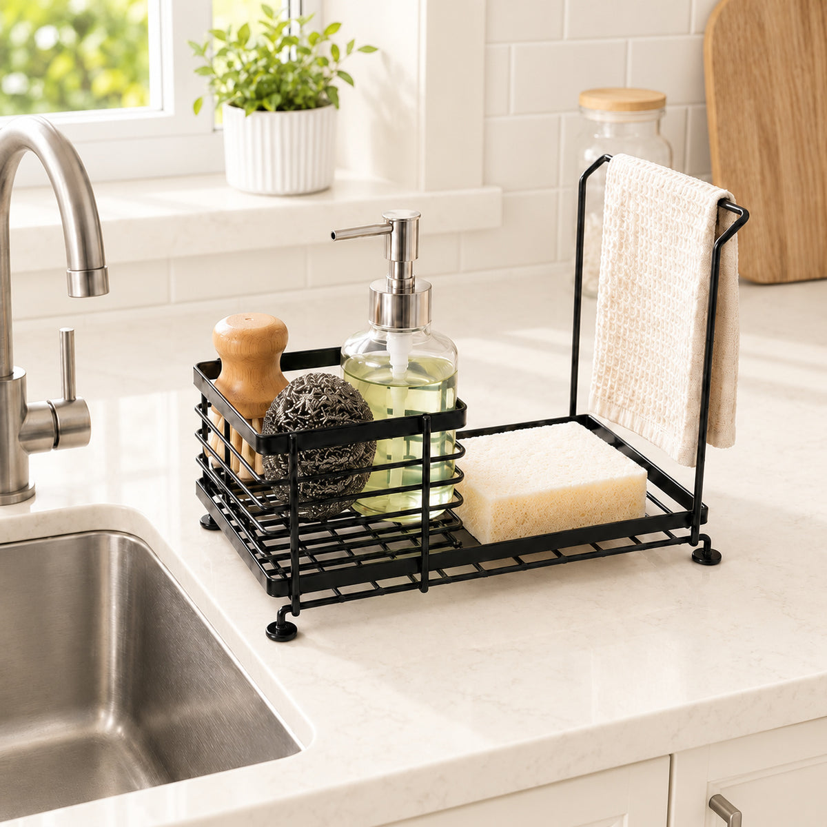 Sink-Side Organizer Caddy – Kitchen Sink Sponge Holder & Dishwashing Accessories Storage Rack
