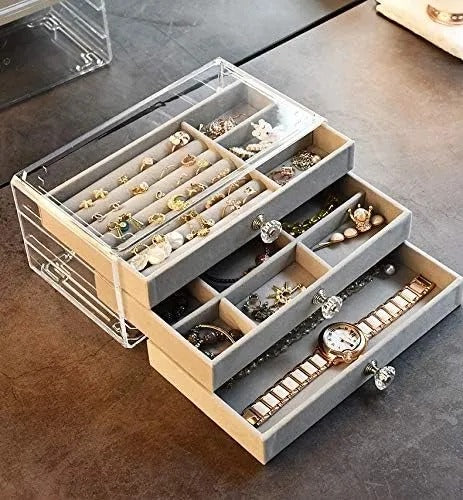 Soft Velvet Jewelry Box 3Drawer Storage Display Tray