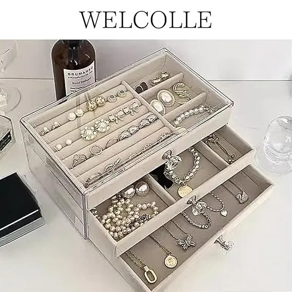 Soft Velvet Jewelry Box – 3-Drawer Jewelry Storage Organizer for Rings, Earrings & Bracelets