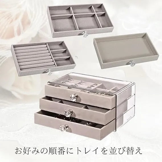 Soft Velvet Jewelry Box 3Drawer Storage Display Tray