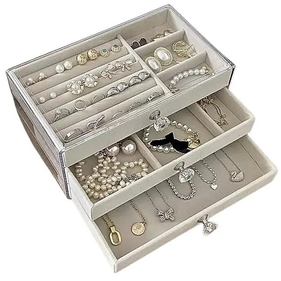 Soft Velvet Jewelry Box 3Drawer Storage Display Tray