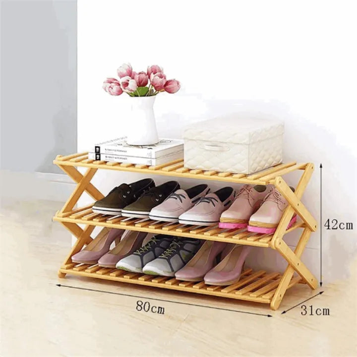 3 Tier Folding Bamboo Shoe Storage Racks Portable Storage Without Installation