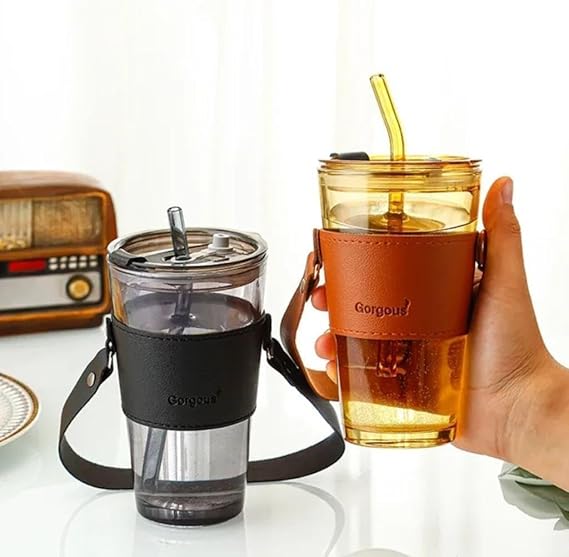 Leakproof 450ml Glass Cup with Straw | Stylish Leather Handle Tumbler for Coffee, Tea & Juice