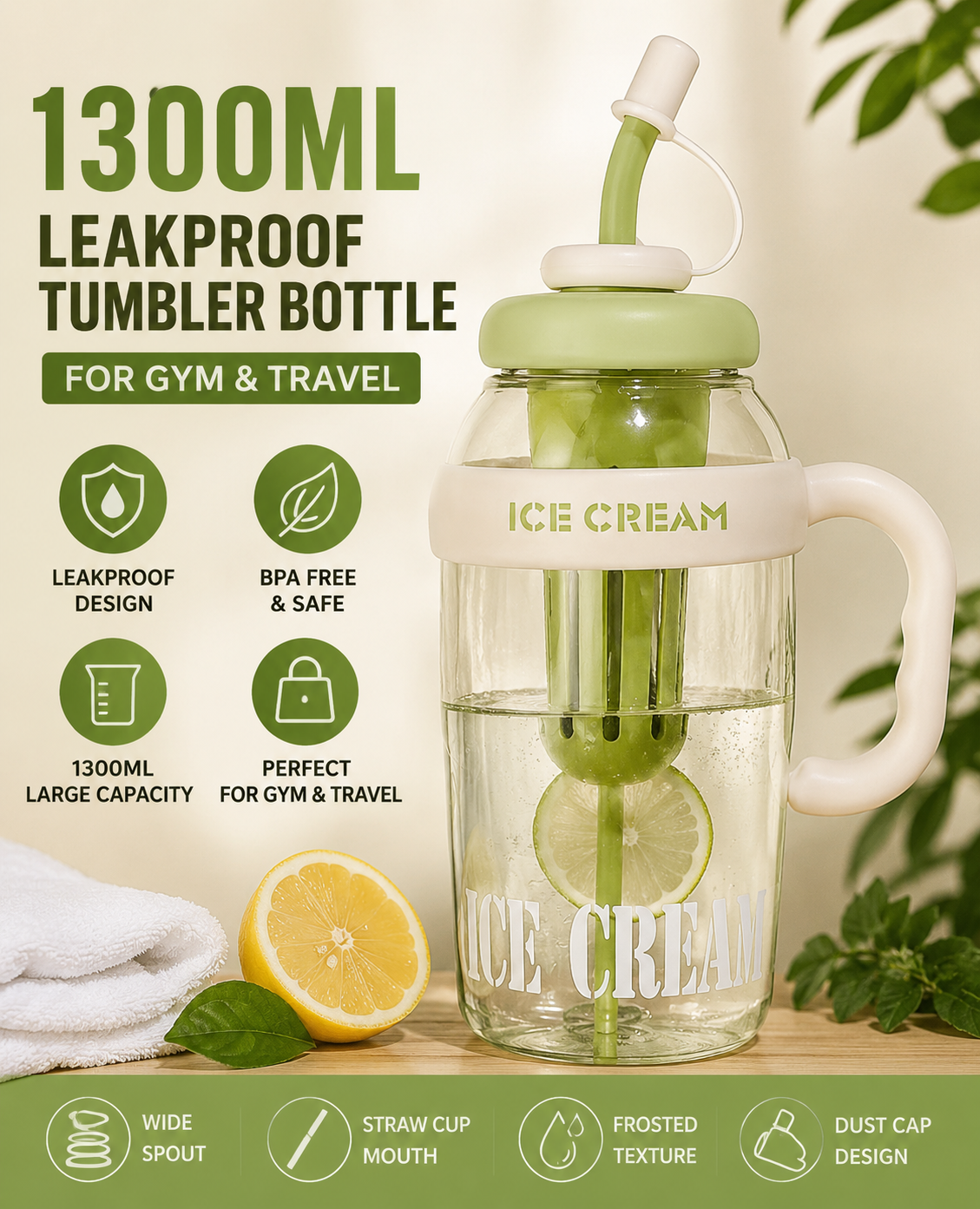 1300ML Leakproof Tumbler Bottle for Gym & Travel