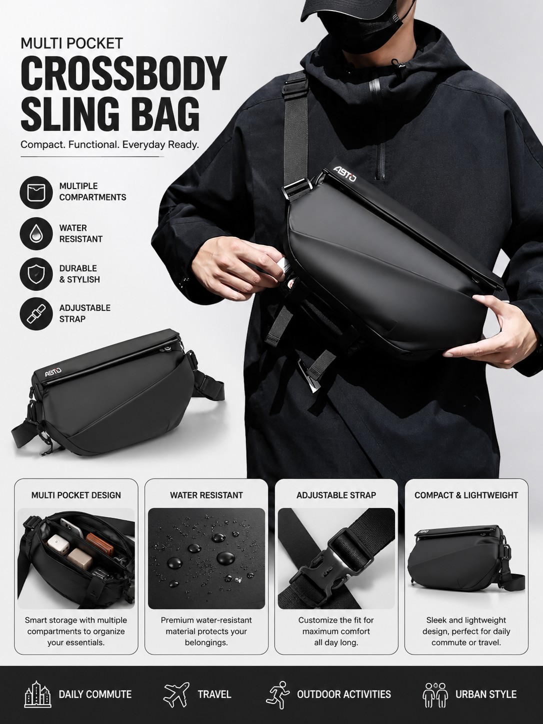 Multi Pockets Shoulder Bag - Sling Bag Crossbody Motorcycle Backpack for Men
