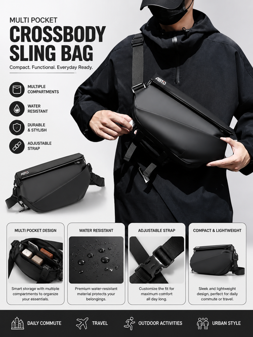 Multi Pockets Shoulder Bag - Sling Bag Crossbody Motorcycle Backpack for Men