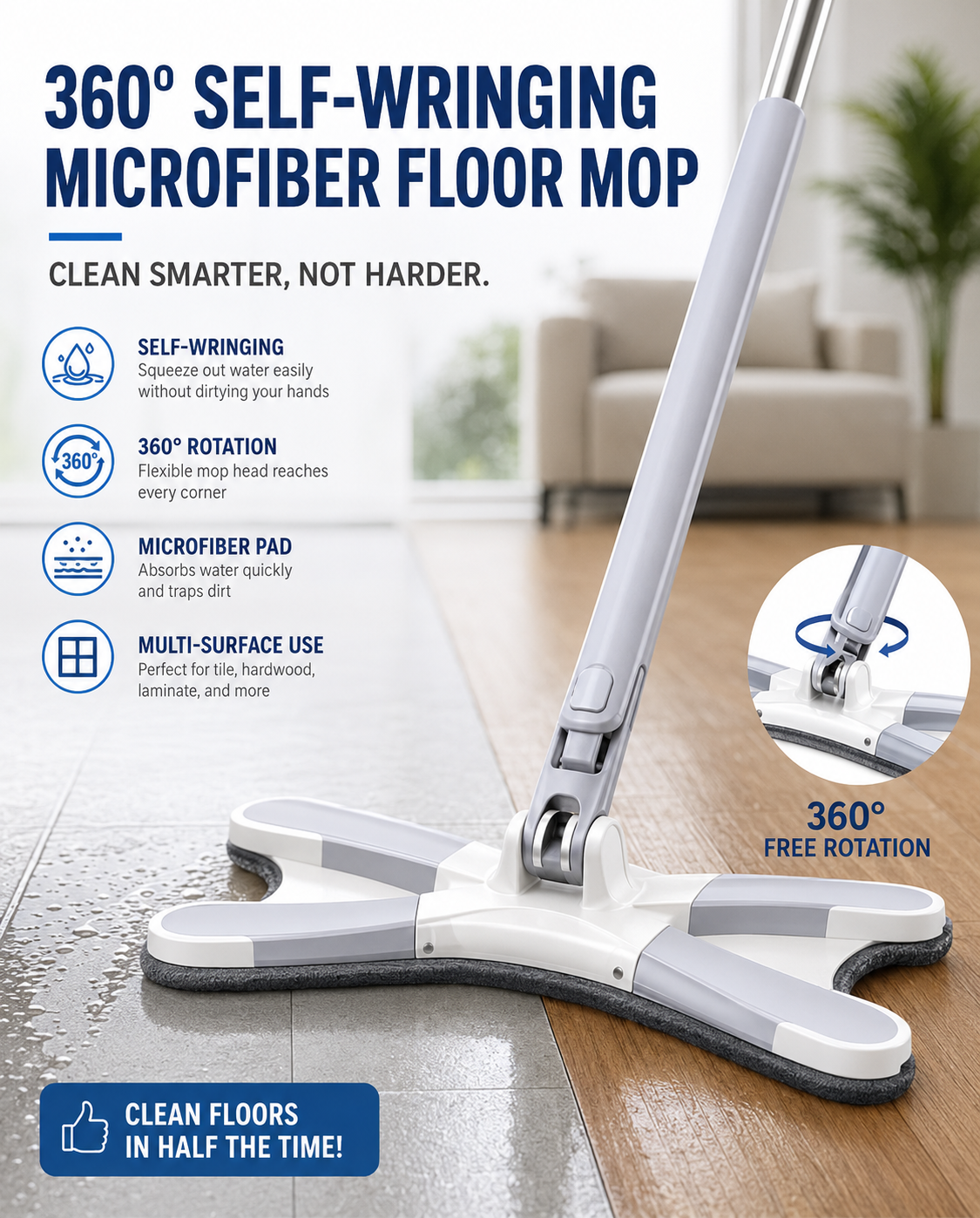 360° Self-Wringing Microfiber Floor Mop
