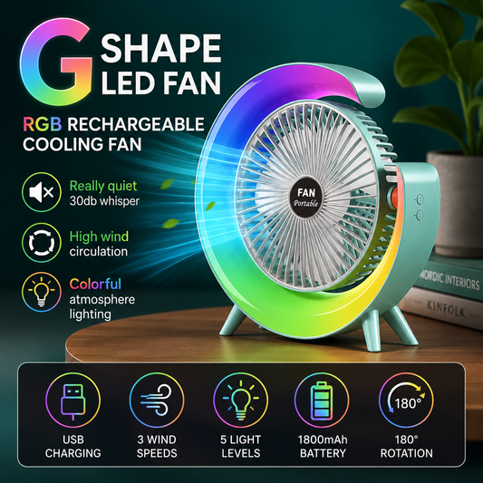 G Shape LED Fan – RGB Rechargeable Cooling Fan