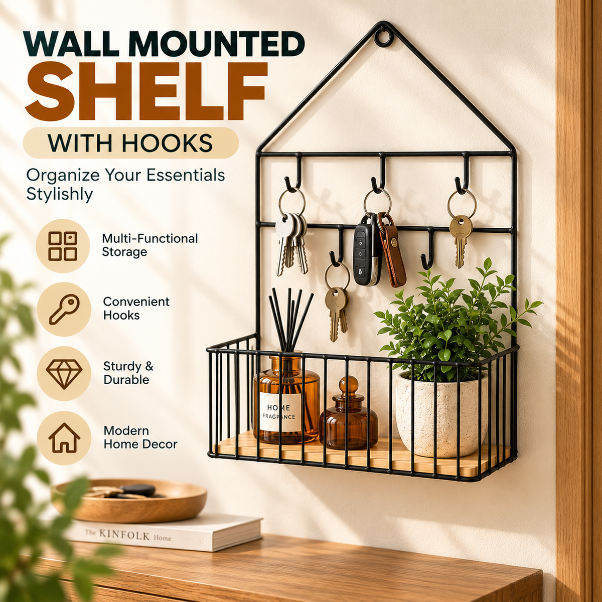 Wall Mounted Shelf with Hooks
