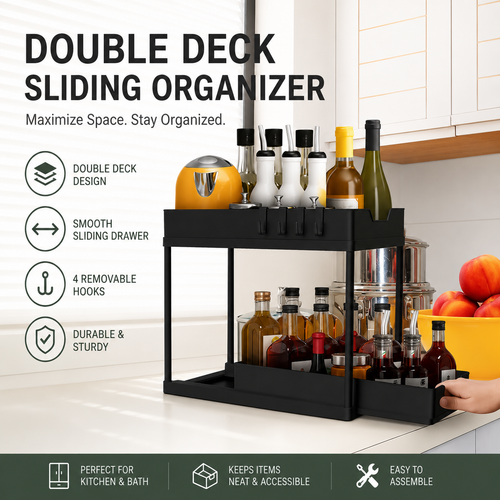 Double Deck Sliding Storage Organizer with Hooks