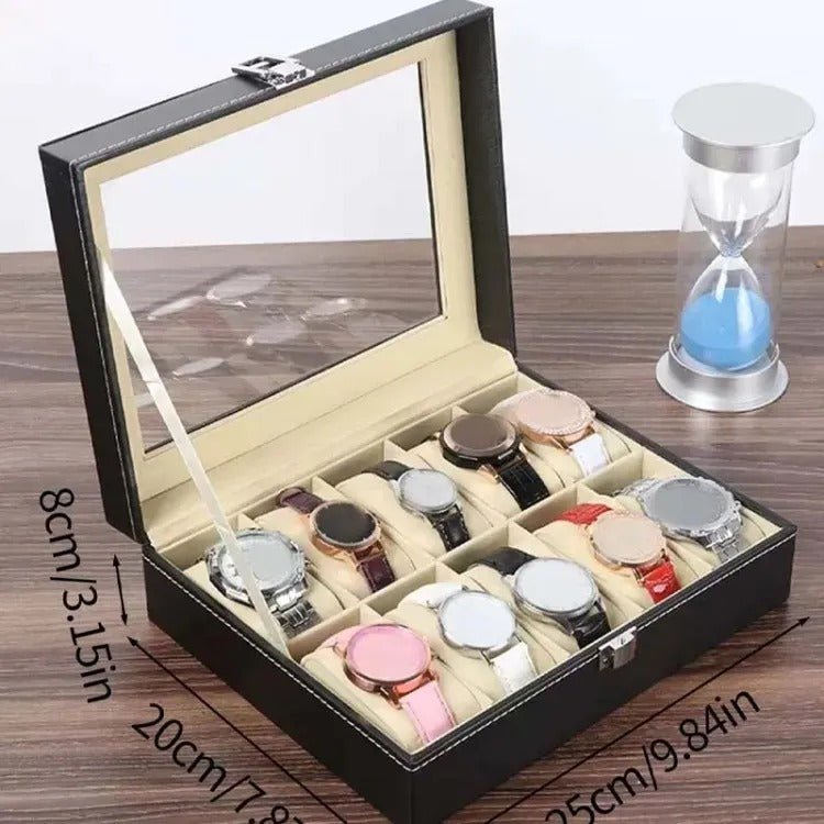 10 Grids PU Leather Watch Box – Quartz Watch Case & Organizer with Glass Display - Saadiq.pk
