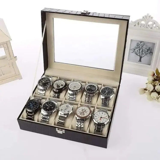 10 Grids PU Leather Watch Box – Quartz Watch Case & Organizer with Glass Display - Saadiq.pk