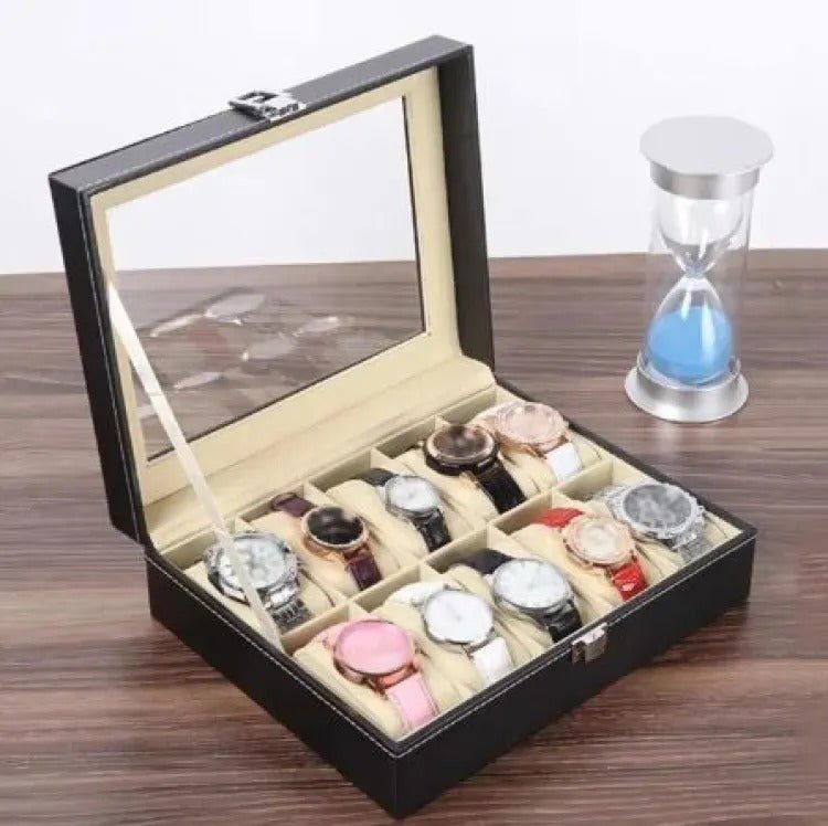 10 Grids PU Leather Watch Box – Quartz Watch Case & Organizer with Glass Display - Saadiq.pk