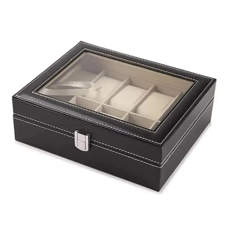 10 Grids PU Leather Watch Box – Quartz Watch Case & Organizer with Glass Display - Saadiq.pk