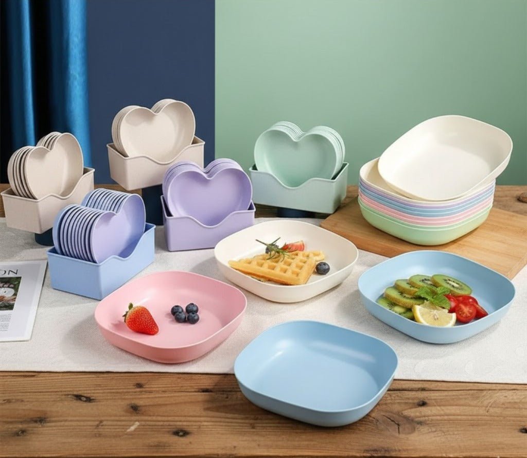 10 Pcs Heart & Oval Wheat Straw Plates Set with Holder – Eco - Friendly (Multi Color) - Saadiq.pk