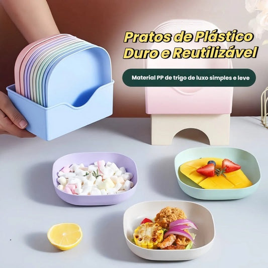 10 Pcs Heart & Oval Wheat Straw Plates Set with Holder – Eco - Friendly (Multi Color) - Saadiq.pk