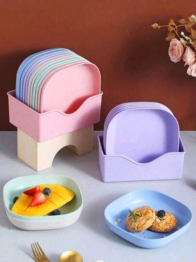 10 Pcs Heart & Oval Wheat Straw Plates Set with Holder – Eco - Friendly (Multi Color) - Saadiq.pk