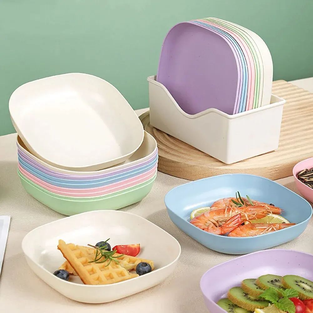 10 Pcs Heart & Oval Wheat Straw Plates Set with Holder – Eco - Friendly (Multi Color) - Saadiq.pk