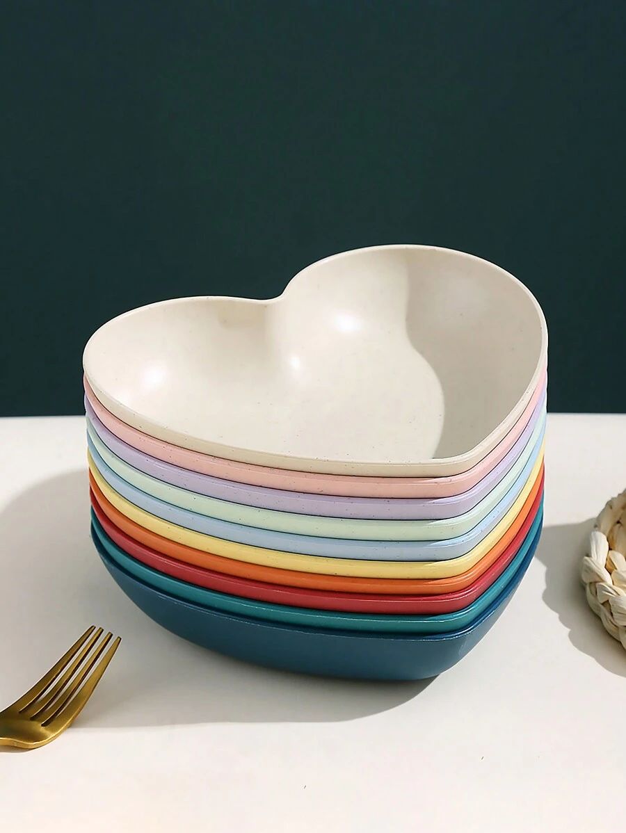 10 Pcs Heart & Oval Wheat Straw Plates Set with Holder – Eco - Friendly (Multi Color) - Saadiq.pk