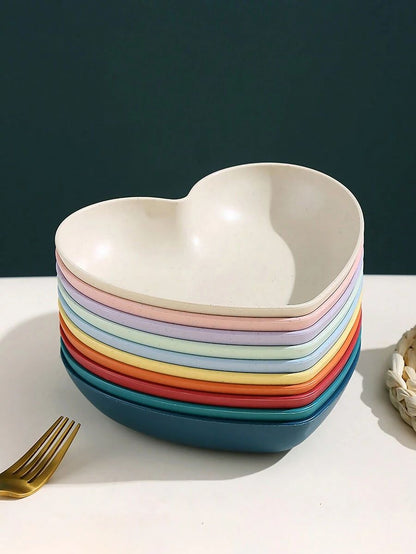 10 Pcs Heart & Oval Wheat Straw Plates Set with Holder – Eco - Friendly (Multi Color) - Saadiq.pk