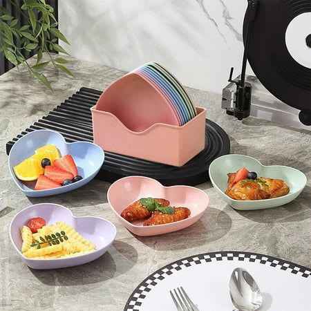10 Pcs Heart & Oval Wheat Straw Plates Set with Holder – Eco - Friendly (Multi Color) - Saadiq.pk