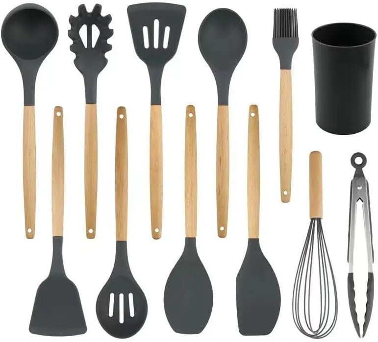 12 Pcs Silicone Kitchen Utensil Set – Heat Resistant Non‑Stick Cooking Tools with Wooden Handles - Saadiq.pk