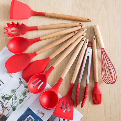 12 Pcs Silicone Kitchen Utensil Set – Heat Resistant Non‑Stick Cooking Tools with Wooden Handles - Saadiq.pk
